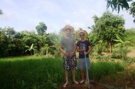 Just arrived! Two young students from England, Jason and Nathan, ready to work in the rice paddy